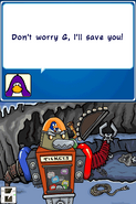 Protobot in a cave, with Gary and the Elite Puffles captured