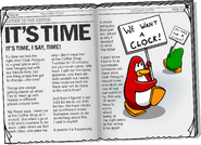 An article in issue 69 of The Penguin Times, where penguins protest about the lack of a centralized clock in Club Penguin