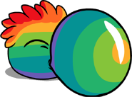 A Rainbow Puffle blowing a rainbow bubble
