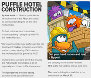 "Puffle Hotel Construction" in Issue #385 of the Club Penguin Times