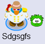 A penguin walking a Green Puffle in-game.