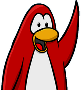A red penguin waving.