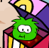 A Green Puffle in the Pet Shop eating Puffle O's