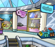 The Blue Crystal Puffle item inside the display cabinet of the Fragile Things Inc. store.