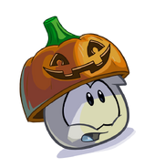 A White Puffle with the Pumpkin Lid Hat.