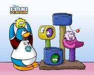 A wallpaper with a Purple Puffle in it along with other puffles