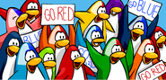 Penguins supporting the Red and Blue Teams