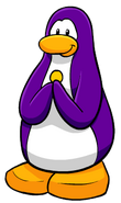 A purple penguin carrying a coin