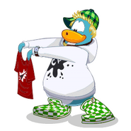 A penguin on the membership info page holding the shirt