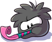 A Black Puffle with a party popper.