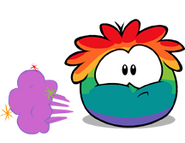 A Rainbow Puffle farting sparkles.