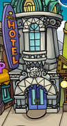 The Puffle Hotel's exterior during the Monsters University Takeover.