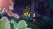 The three penguins surrounded by Cadence and The Penguin Band as ghosts