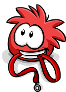 A red puffle with its leashes.