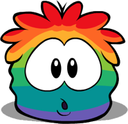 A Rainbow Puffle with its stomach growling