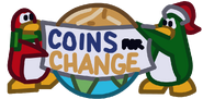 The Coins for Change logo from a Coins for Change booth.