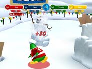 A player hitting a snowman with a snowball
