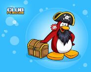 Rockhopper apoyado en un cofre del tesoro con Yarr en su hombro derecho