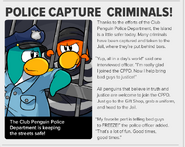 A police officer arresting a penguin, as seen in an advertisement in the Club Penguin Times to join the Police Department