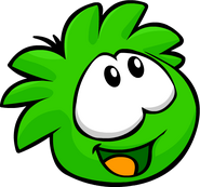 A Green Puffle looking up