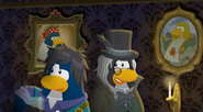 Two of the three penguins looking around the Haunted Mansion