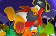 Yarr and Rockhopper being carried over penguins, as part of The Party Starts Now.