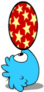 A Blue Puffle bouncing a huge beach ball on its head and nose