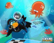 A wallpaper with Black Puffle in it