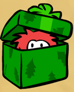 Puffle Rojo escondido en una Caja de Regalos
