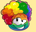 A Rainbow Puffle wearing the Rainbow Fro, as seen on the Club Penguin Homepage, the Login Screen and on the Log Off Screen