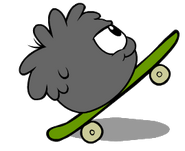 A Black Puffle does jump tricks while playing with a skateboard