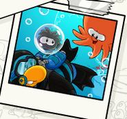 A stampbook picture of a Black Puffle getting help in Puffle Rescue