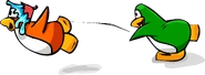 A penguin throwing a water balloon, as seen both in issue 88 of the Club Penguin Times and in a wallpaper
