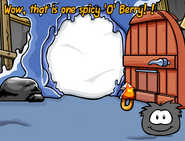 A Black Puffle about to eat an O'Berry with hot sauce