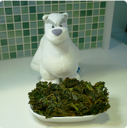 Herbert plush toy and kale chips in the cafeteria