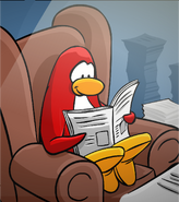 A penguin reading the Club Penguin Times, as seen in the Card-Jitsu card Club Penguin Times