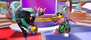 Cadence hosting Team Dance Battle with two penguins