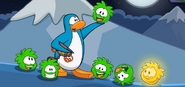 A penguin that caught 5 green puffles successfully