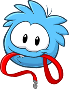 A blue puffle holding a leash