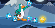 A penguin that has caught 5 blue puffles successfully