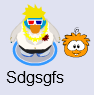 A penguin walking an orange puffle in-game