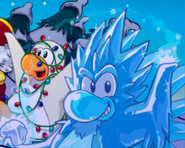 A closer look at the Frost Bite from the third Log Out Screen, next to an Arctic White Penguin wearing Holiday Lights