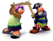 Imagen de dos pingüinos sosteniendo Espadas de Madera