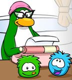 Aunt Arctic at her desk with two of her puffles.