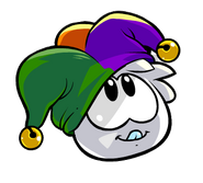 A White Puffle wearing the Jester Hat.