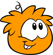 An Orange Puffle looking up