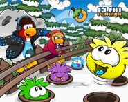 A wallpaper with a Purple Puffle in it