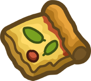 A pizza emoticon from the Prehistoric Party 2014