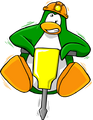 A green penguin using the Jackhammer 3000