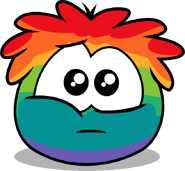 A Rainbow Puffle giving puppy dog eyes
